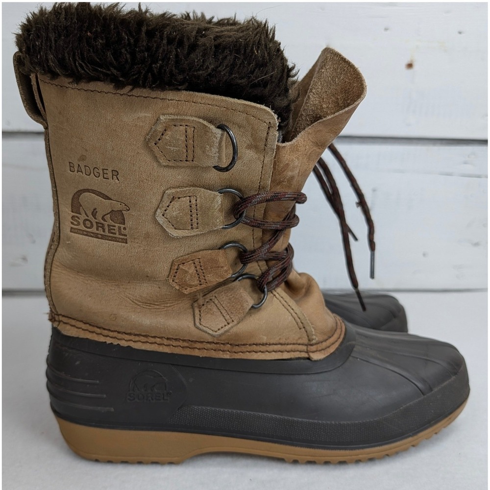Sorel Womens 8 Tan Leather Rubber Pac Winter Snow Boots Removable Felt Liners - Picture 8 of 11